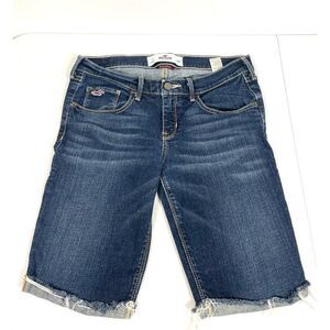 Hollister Jean Bermuda Socal Stretch Shorts Denim Dark Wash Blue Cutoff Mid Rise